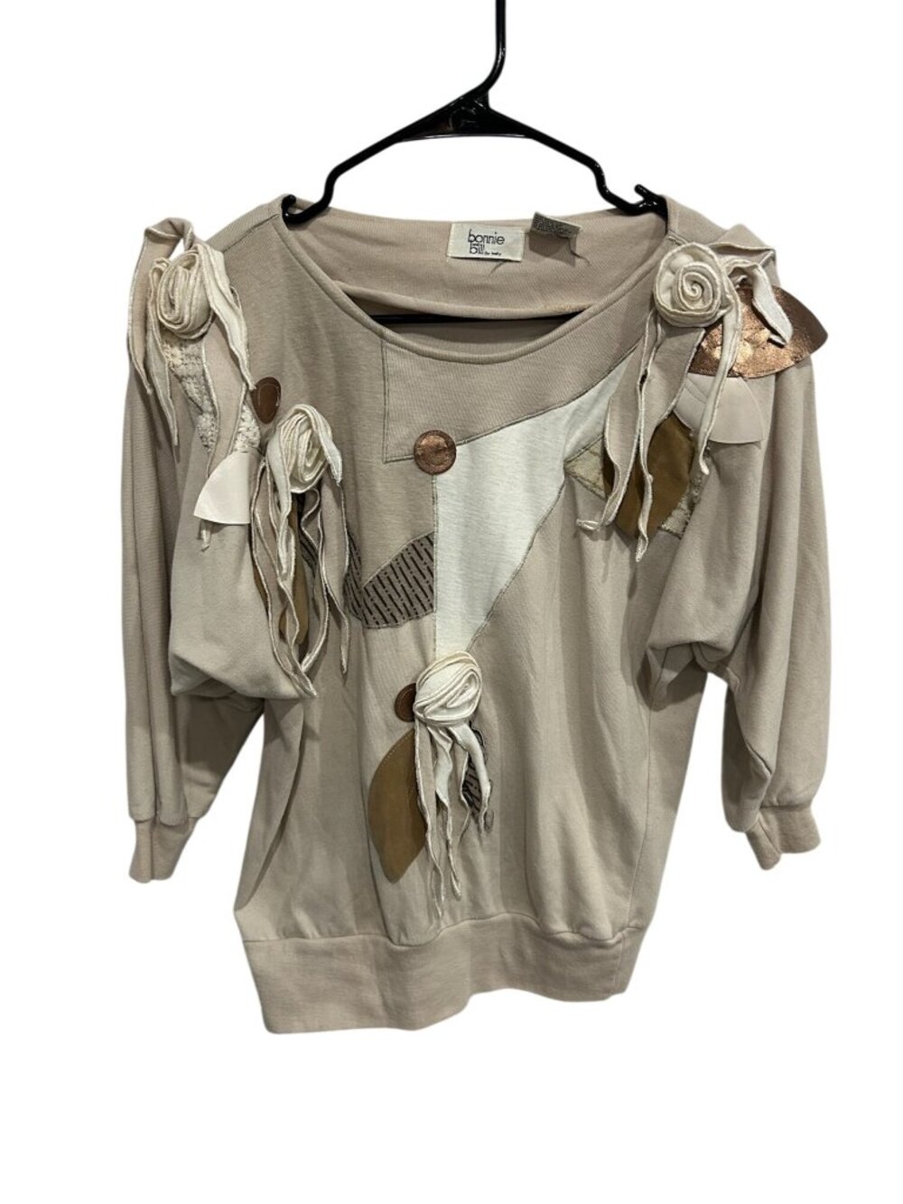 Vintage Bonnie Bill Sweater Beige Handmade Floral Appliques Sz M Boho Cozy Retro